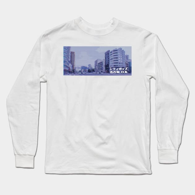 Japanese city pop art series 2 - Nagoya Japan in - retro aesthetic - Old retro tv glitch style Long Sleeve T-Shirt by FOGSJ